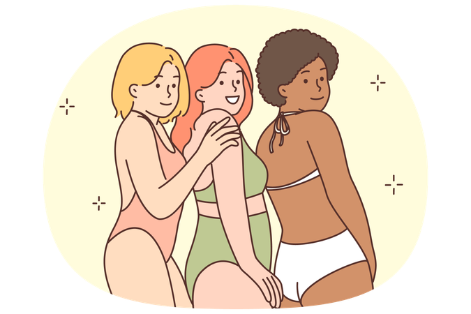 Multiracial friendly women in bikinis smile and demonstrate absence of prejudice and discrimination  Illustration