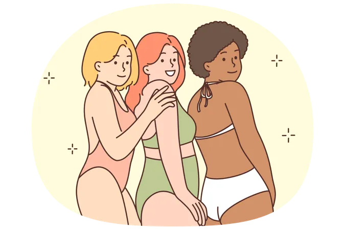 Multiracial friendly women in bikinis smile and demonstrate absence of prejudice and discrimination  Illustration