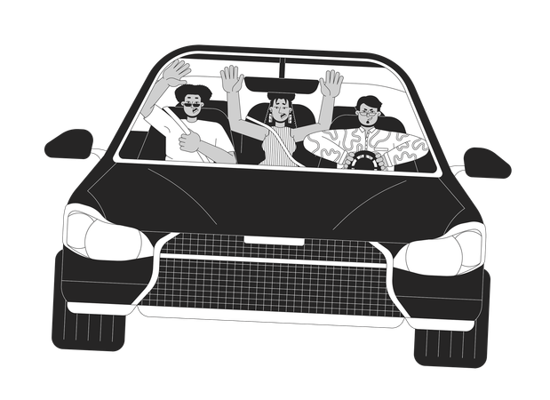 Multiracial friends riding car recklessly s  イラスト