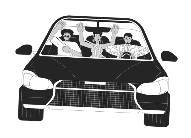 Multiracial Friends Riding Car Recklessly Black And White 2 D Line Cartoon Characters Creating Dangerous Situation On Road Isolated Vector Outline People Accident Monochromatic Flat Spot Illustration Illustration