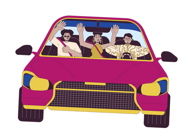 Multiracial friends riding car recklessly s  Illustration
