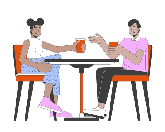 Multiracial Friends With Drinks At Cafe Table 2 D Linear Cartoon Characters Man And Woman Resting In Coffeeshop Isolated Line Vector People White Background Communication Color Flat Spot Illustration Illustration
