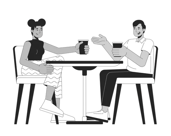 Multiracial Friends With Drinks In Cafe Black And White 2 D Line Cartoon Characters Man And Woman Resting In Coffeeshop Isolated Vector Outline People Date Monochromatic Flat Spot Illustration Illustration