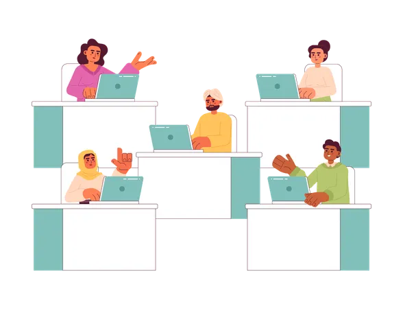 Multiracial People At Office 2 D Vector Isolated Spot Illustrations Workers Sitting At Desks And Typing On Laptops Flat Characters On White Background Office Work Colorful Editable Scene Illustration