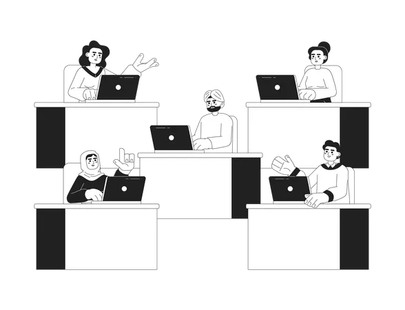 Multiracial People At Office 2 D Vector Monochrome Isolated Spot Illustrations Workers Sitting At Desks Flat Hand Drawn Characters On White Background Office Work Editable Outline Cartoon Scene Illustration