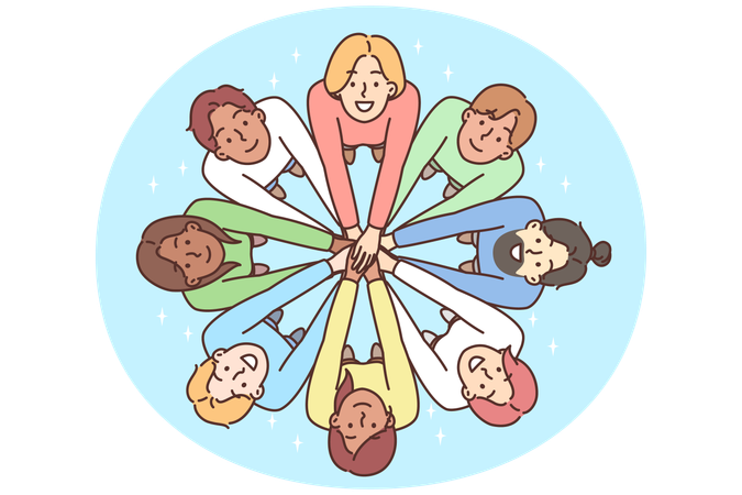 Multiracial people stand in circle with hands outstretched to demonstrate friendship  Illustration