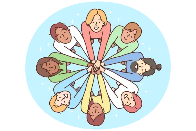 Multiracial people stand in circle with hands outstretched to demonstrate friendship  Illustration