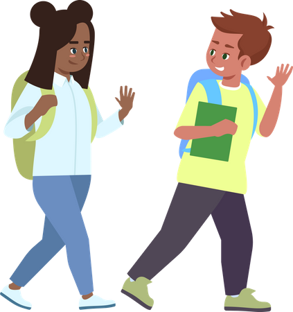 Multiracial schoolkids saying goodbye  イラスト
