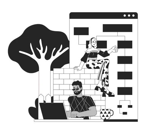 Multiracial Team Developing Software Black And White 2 D Line Cartoon Characters Web Designers Work Isolated Vector Outline People Computer Software Designing Monochromatic Flat Spot Illustration Illustration