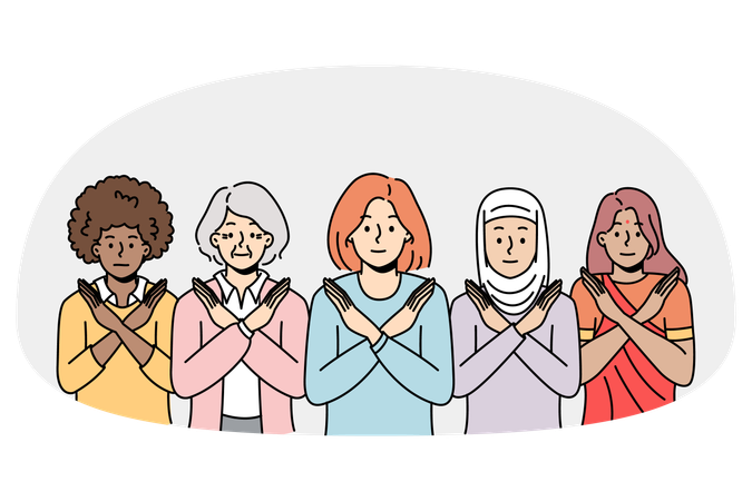 Multiracial women showing stop sign protest against gender or sex discrimination  Illustration