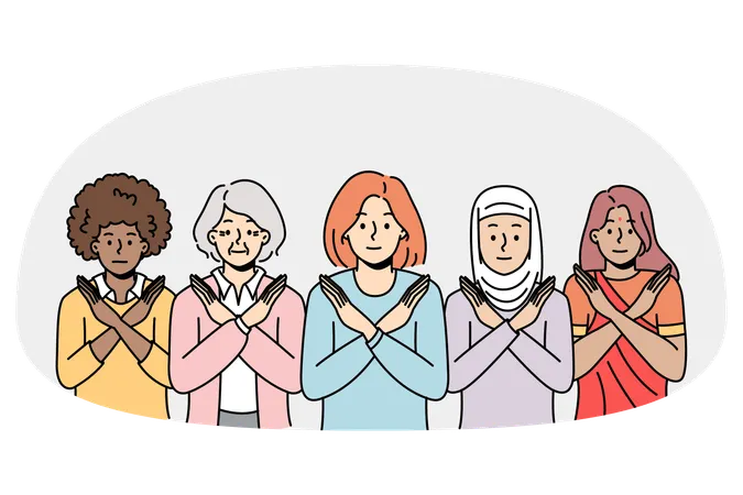Multiracial women showing stop sign protest against gender or sex discrimination  Illustration