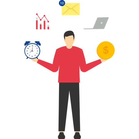 Multitasking And Time Management Concept The Working Person Or Business Manager Standing On A Big Clock Doing Effective Multitasking With Many Hands Productivity Concept Flat Vector Illustration Illustration