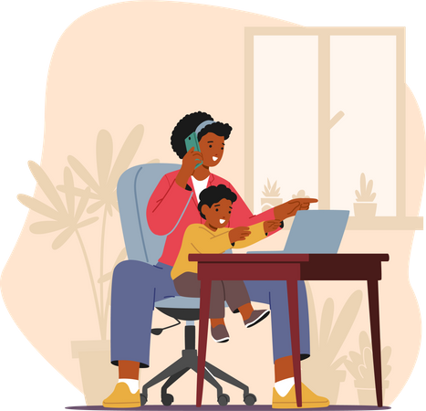 Multitasking Black Mom Character Juggling Business Tasks On Her Laptop While Lovingly Holding Her Child  Illustration