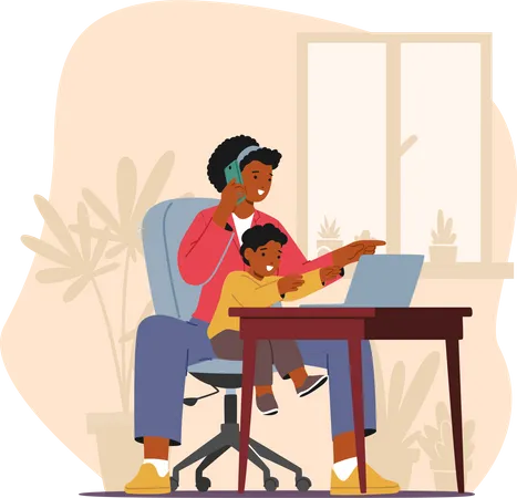 Multitasking Black Mom Character Juggling Business Tasks On Her Laptop While Lovingly Holding Her Child  Illustration