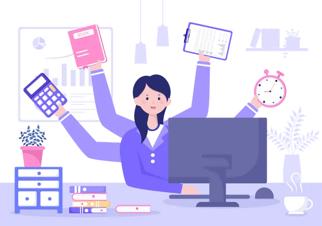 Multitasking Business Woman Or Man And Office Worker As Secretary Surrounded By Hands With Holding Every Job In The Workplace Vector Illustration Illustration