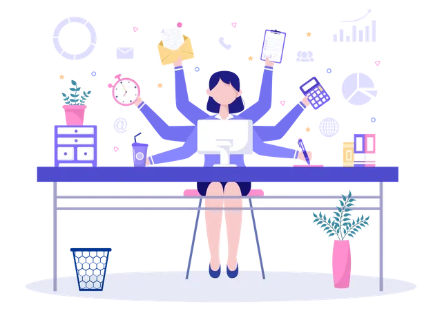 Multitasking Business Woman Or Man And Office Worker As Secretary Surrounded By Hands With Holding Every Job In The Workplace Vector Illustration Illustration