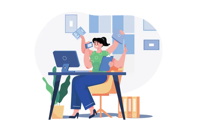 Multitasking Business Woman Illustration Concept On White Background Illustration