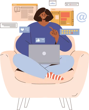 Multitasking Business Woman Freelancer Busy Smm Manager Programmer Working Online From Home Office Using Laptop Computer Vector Illustration Creative Businesswoman Doing Email Marketing Analysis Illustration