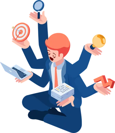 Flat 3 D Isometric Businessman Doing Many Tasks At The Same Time Multitasking And Productivity Concept Illustration