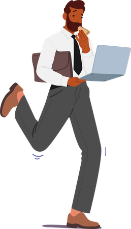 Multitasking businessman with laptop In hand dines on the move  Illustration