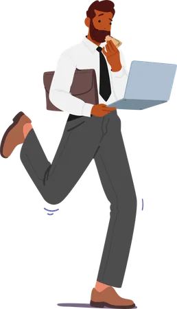 Multitasking Businessman Character With Laptop In Hand Dines On The Move His Fast Paced World Exemplified As He Juggles Work And A Meal In Pursuit Of Productivity Cartoon People Vector Illustration Illustration
