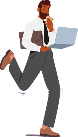 Multitasking businessman with laptop In hand dines on the move  Illustration