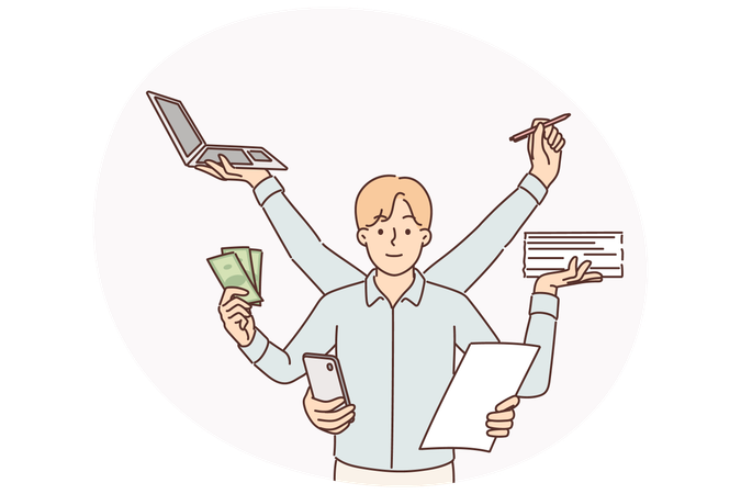 Multitasking businessman with many hands doing several things at same time wanting to be productive  Illustration
