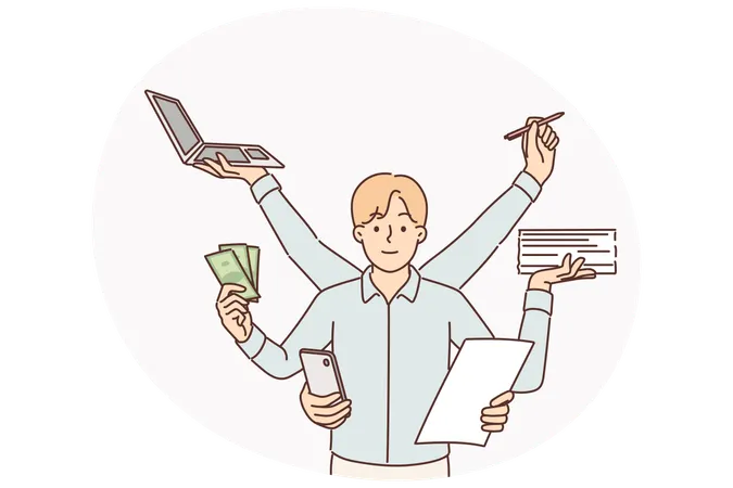 Multitasking businessman with many hands doing several things at same time wanting to be productive  Illustration