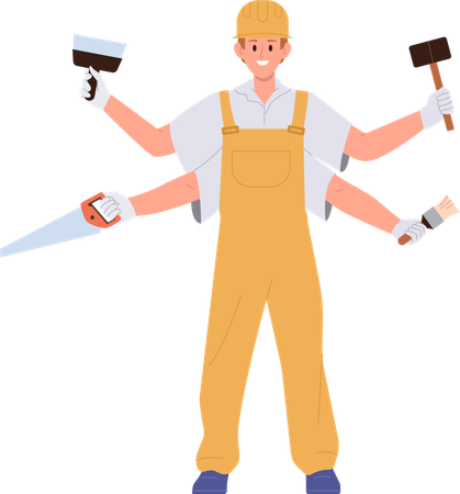 Multitasking handyman character having lots of arms with different tools  Illustration