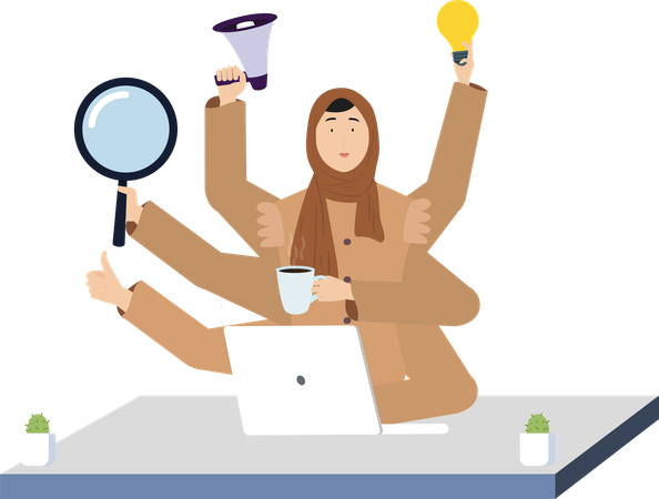 Multitasking-Hijab-Frau am Schreibtisch  Illustration