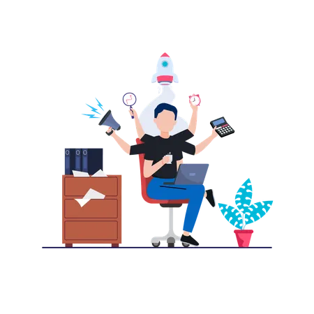 Multitasking Flat Illustration In This Design You Can See How Technology Connect To Each Other Each File Comes With A Project In Which You Can Easily Change Colors And More Illustration