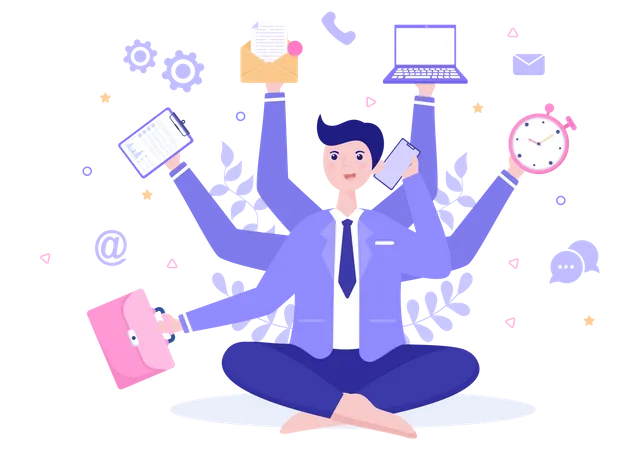 Multitasking Business Woman Or Man And Office Worker As Secretary Surrounded By Hands With Holding Every Job In The Workplace Vector Illustration イラスト