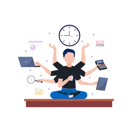 Multitasking Flat Illustration In This Design You Can See How Technology Connect To Each Other Each File Comes With A Project In Which You Can Easily Change Colors And More Illustration