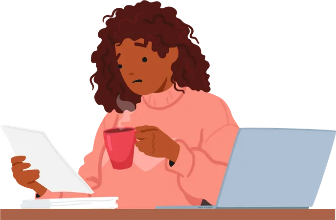 Multitasking Woman Enjoys Quiet Moment As She Reads The Paper And Sips Coffee At Her Desk Accompanied By Her Trusty Laptop African American Female Character Work Cartoon People Vector Illustration Illustration