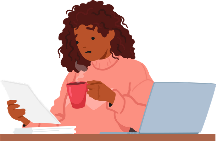 Multitasking Woman Reads Paper And Sips Coffee At Desk  Illustration