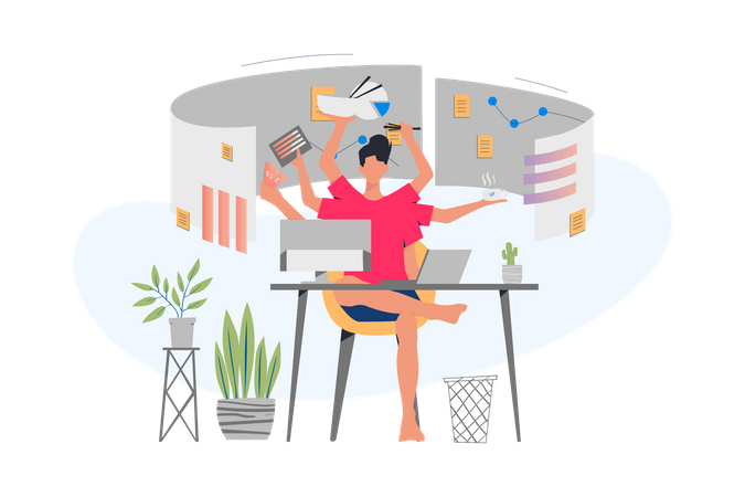 Multitasking woman working from home Illustration