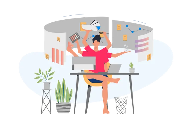 Multitasking woman working from home  Illustration