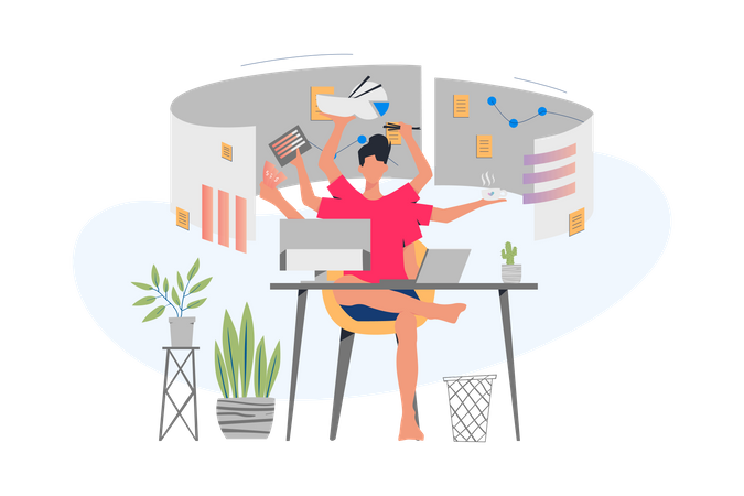 Multitasking woman working from home  Illustration