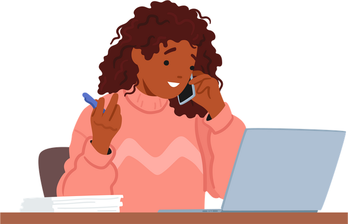 Multitasking Woman Working On Laptop And Making Phone Call  Illustration