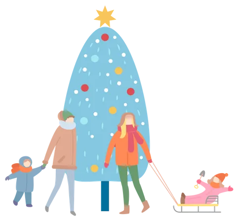 Mums and Children standing near Christmas tree Illustration