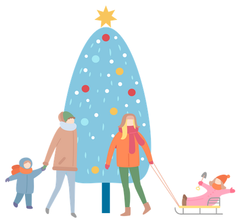 Mums and Children standing near Christmas tree  Illustration