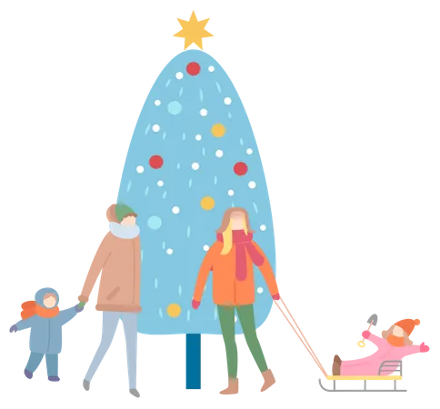 Mums and Children standing near Christmas tree  Illustration