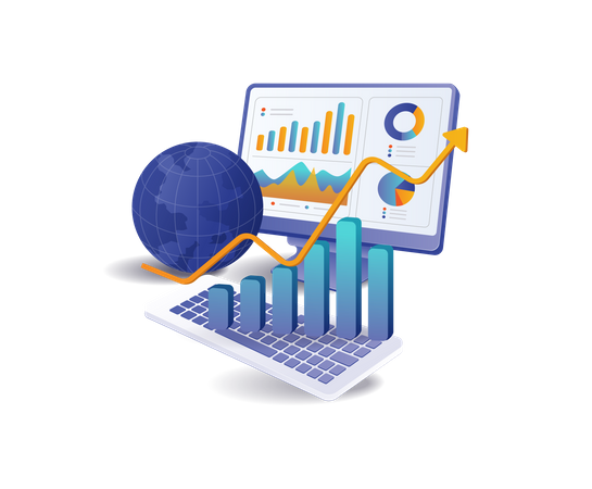 Mundo del desarrollo empresarial de inversión informática.  Ilustración