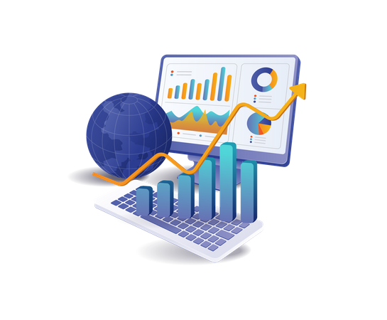 Mundo do desenvolvimento de negócios de investimento em computadores  Ilustração