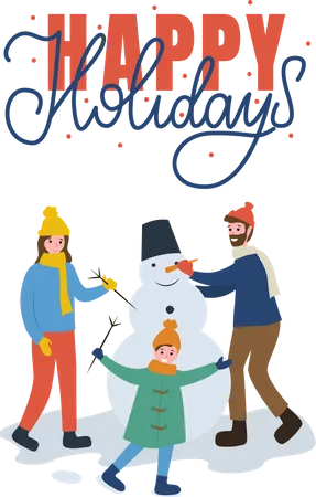 Familia haciendo muñeco de nieve  Ilustración