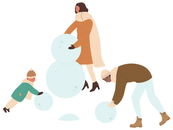 Familia haciendo muñeco de nieve  Ilustración