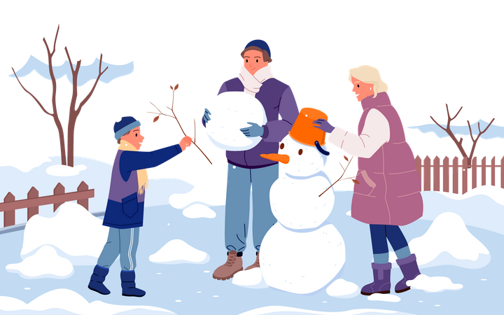 Familia haciendo muñeco de nieve  Ilustración