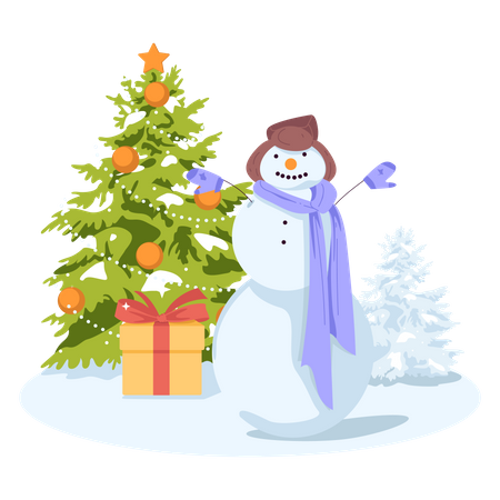 Muñeco de nieve con árbol de navidad  Ilustración