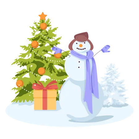 Muñeco de nieve con árbol de navidad  Ilustración