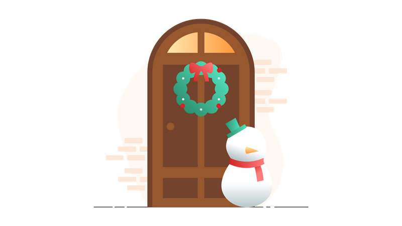 Muñeco de nieve parado frente a la puerta de Navidad  Ilustración